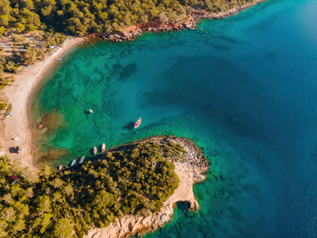 Beach in beautiful lagoon of Aegean sea in Turkey, aerial wide shotの写真素材