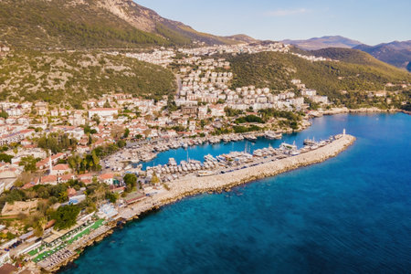 Kas beautiful small town on mediterranean coast in Turkey, aerial wide shotの写真素材