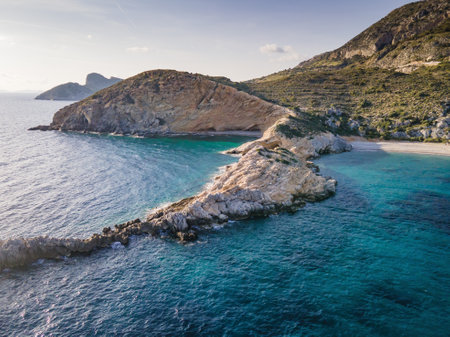 Aerial view of clear turquoise water in Aegean sea in bay in Datca peninsula, Turkeyの写真素材