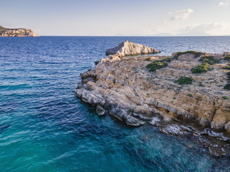 Aerial view of rocky coast line with deep blue water in Aegean sea in bay in Datca peninsula, Turkeyの写真素材