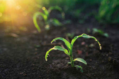 Maize seedling in the agricultural field, close-up
