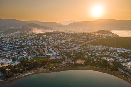 Sunrise on the sea horizon Bodrum town resort places on Aegean sea, Turkey. air viewの写真素材