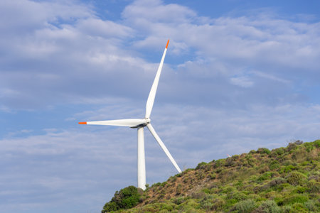Wind turbine green energy landscape with hillsの写真素材