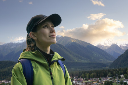 Woman hiker with backpack on a hiking trip in mountains at sunsetの写真素材