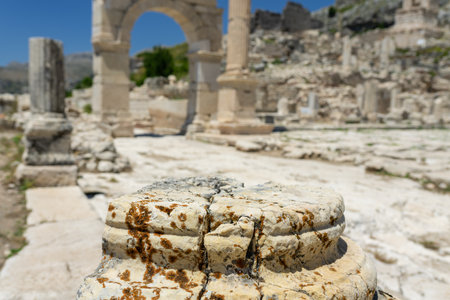 Marble stone podium natural with background of antique ruins, photographyの写真素材