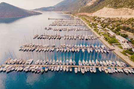 Yachts anchored at yacht club marina in Turkey, Aerial viewの写真素材