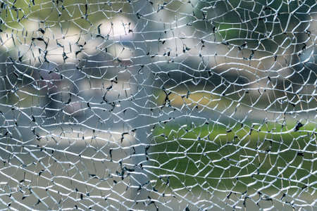 Broken glass and blurred city background, vandalism in big cityの写真素材