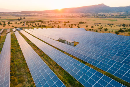 Solar power plant renewable energy. Green tech with carbon neutralの写真素材