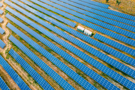 Aerial view solar energy modules or panels rows for producing clean ecological electricityの写真素材
