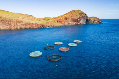 Madeira offshore aquaculture fish farm in Atlantic ocean. Aerial