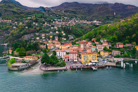 Varenna Italian town on Como lake in Italy with overcast day. Aerial view