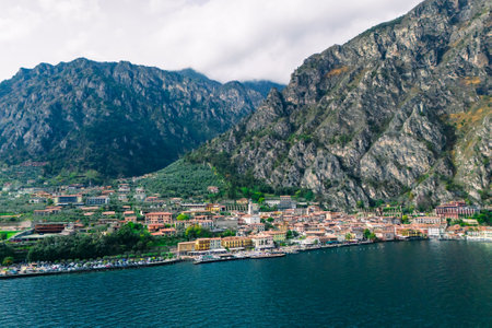 Aerial view of Italian town of Limone Sul Garda on Lake Garda, Italyの写真素材