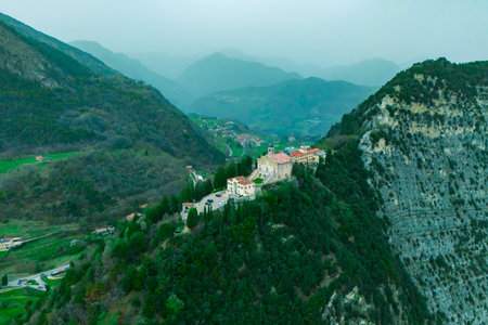 Sanctuary Montecastello church on top mountain near Lake Garda in Italy, Aerialの写真素材