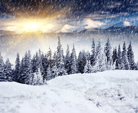 Majestic sunset in the winter mountains landscape  Dramatic sky の写真素材