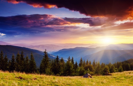 Majestic sunset in the mountains landscape. Carpathian, Ukraine.の写真素材