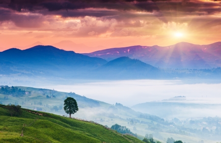 Majestic sunset in the mountains landscape. Carpathian, Ukraine, Europe. Beauty world.の写真素材