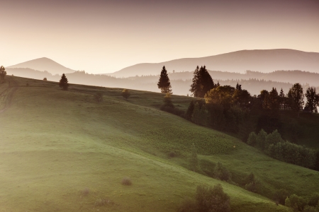 Majestic sunset in the mountains landscape. Dramatic sky. Carpathian, Ukraine, Europe. Beauty world.の写真素材