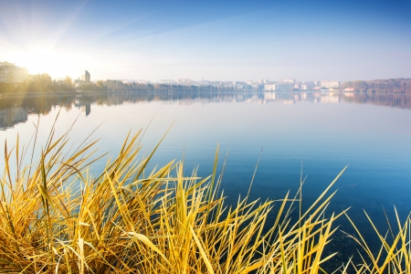 Dry grass on the lake with blue sky. Ternopil, Ukraine, Europe. Beauty world.の写真素材