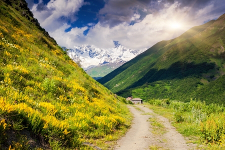 View of the village Khalde. Upper Svaneti, Georgia, Europe. Caucasus mountains. Beauty world.の写真素材