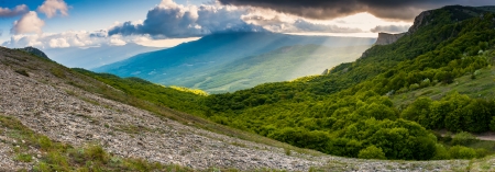 Beautiful view of rural alpine landscape. Overcast sky before storm. Crimea, Ukraine, Europe. Beauty world.の写真素材