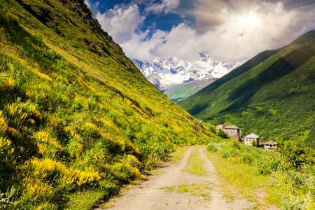 View of the village Khalde. Upper Svaneti, Georgia, Europe. Caucasus mountains. Beauty world.の写真素材