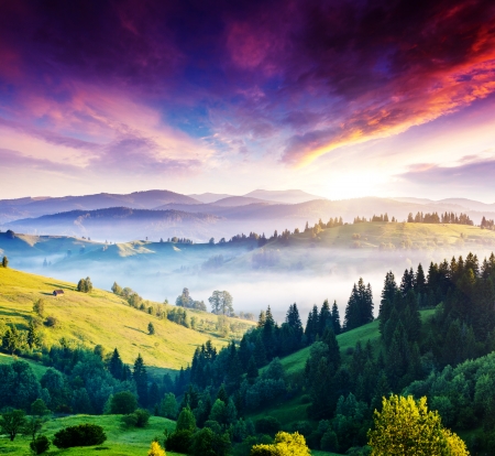 Majestic mountain landscape with colorful cloud. Dramatic overcast sky. Carpathian, Ukraine, Europe. Beauty world.