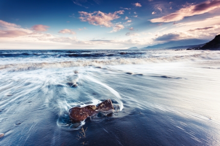 Majestic summer sunset over the stormy sea. Dramatic overcast sky. Crimea, Ukraine, Europe. Beauty world.の写真素材