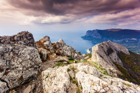Majestic mountain landscape with colorful cloud. Dramatic overcast sky. Crimea, Ukraine, Europe. Beauty world.の写真素材