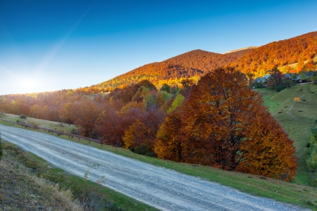 Majestic morning mountain landscape with colorful forest and blue sky. Autumn leaves. Carpathian, Ukraine, Europe. Beauty world.の写真素材