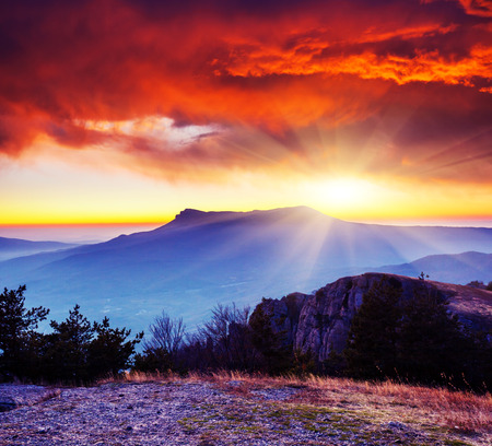 Majestic morning mountain landscape. Dramatic overcast sky. Crimea, Ukraine, Europe. Beauty world.