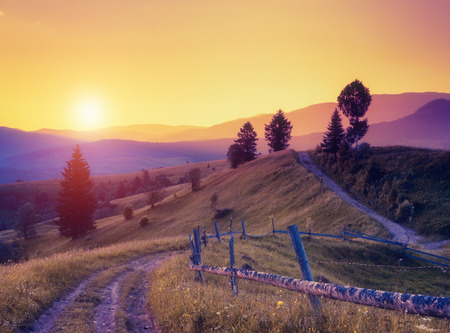 Fantastic sunny hills under morning sky. Dramatic scenery. Carpathian, Ukraine, Europe. Beauty world. Retro filtered. の写真素材