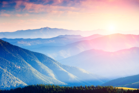 Majestic panorama of green mountains with sunny beams. Dramatic scene in National Park, Carpathian, Ukraine