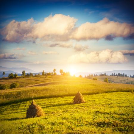 Beautiful green hills glowing by sunlight at twilight. Dramatic scene. Colorful sky. Carpathian, Ukraine, Europe. Beauty world.の写真素材