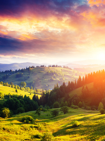 Beautiful green hills glowing by sunlight at twilight. Dramatic scene in Carpathian, Ukraineの写真素材