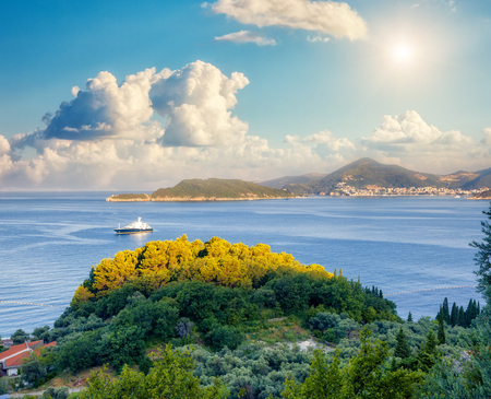 Fantastic view azure sea over Budva riviera in Montenegro. Dramatic morning scene in Balkans, Adriatic seaの写真素材