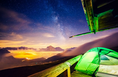 Sassolungo (Langkofel) and Sella group under starry light. Natural park Dolomites, valley Gardena, South Tyrol. Ortisei, S. Cristina and Selva, Italyの写真素材
