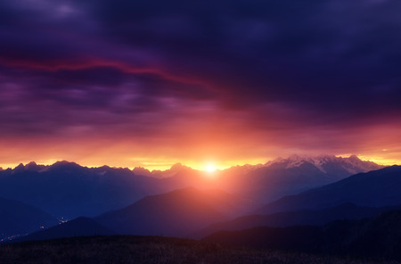 Fantastic sunlight over of Mt. Ushba. Dramatic and picturesque morning scene. Location famous resort...