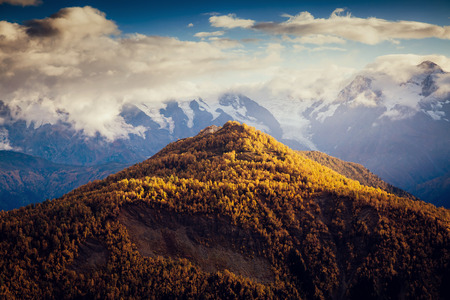 Fantastic views of the magical place at the foot of Mt. Ushba. Picturesque scene. Location famous resort Mestia, Upper Svaneti, Georgia, Europe. High Caucasus ridge. Artistic picture. Beauty world.の写真素材