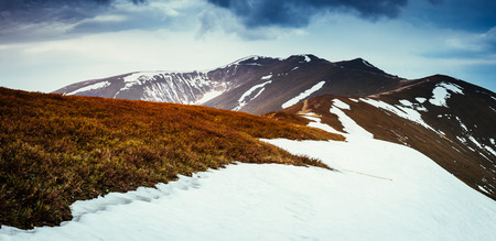 Great view of the snow range under overcast sky. Dramatic scene and picturesque picture. Location place Carpathian, Ukraine, Europe. Beauty world. Retro and vintage style. Instagram toning effect.の写真素材