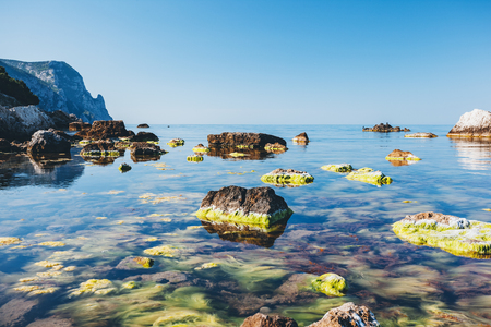 Blue sea in the morning light. Picturesque and gorgeous scene. Location place Black Sea, Crimea, Ukraine, Europe.の写真素材