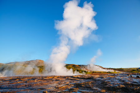 Great view of Strokkur geyser in morning light. Popular tourist attraction. Unusual and gorgeous scene. Location place Geyser Park, Hvita river, Haukadalur valley area, Iceland. Europe. Beauty world.の写真素材