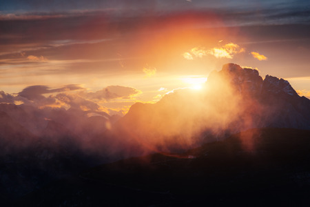 Scenic surroundings of the national park Tre Cime di Lavaredo. Dramatic and gorgeous scene. Location place Misurina, Dolomiti alp, South Tyrol, Italy, Europe.の写真素材