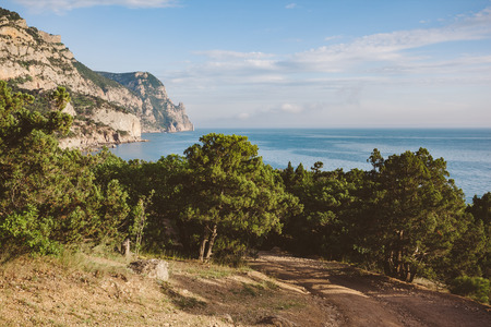 Blue sea in the morning light. Picturesque and gorgeous scene. Location place Black Sea, Crimea, Ukraine, Europe.の写真素材