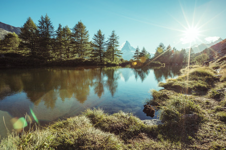 Scenic surroundings with peak Matterhorn in alpine valley. Location Swiss alps, Grindjisee, Valais region, Europe.の写真素材