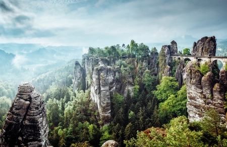 View of the Elbe Sandstone Mountains. Location place Saxony Switzerland national park, East Germany, Europe. Popular tourist attraction. Dramatic and picturesque scene. Artistic picture. Beauty world.の写真素材