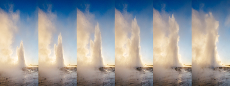Great view of Strokkur geyser in morning light. Popular tourist attraction. Unusual and gorgeous...