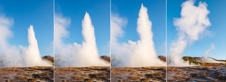 Great view of Strokkur geyser in morning light. Popular tourist attraction. Unusual and gorgeous scene. Location place Haukadalur valley area, Iceland, Europe. Vertical photo. Beauty world.の写真素材
