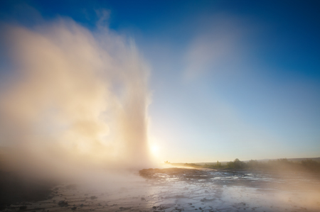Great view of Strokkur geyser in morning light. Popular tourist attraction. Dramatic and gorgeous scene. Location place Geyser Park, Hvita river, Haukadalur valley area, Iceland. Europe. Beauty world.の写真素材
