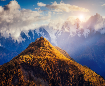 Nice views of the foot of Mt. Ushba illuminated by sunlight. Dramatic and picturesque morning scene. Location famous place Mestia, Upper Svaneti, Georgia, Europe. High Caucasus ridge. Beauty world.の写真素材