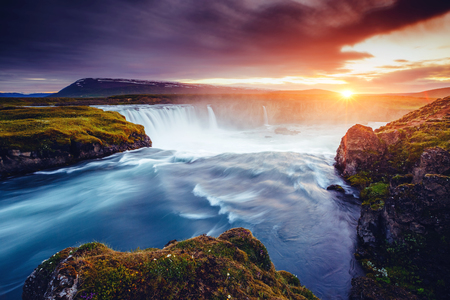 The rapid flow of water powerful Godafoss cascade. Popular tourist attraction. Unusual and gorgeous scene. Location place Bardardalur valley, Skjalfandafljot river, Iceland, Europe. Beauty world.の写真素材